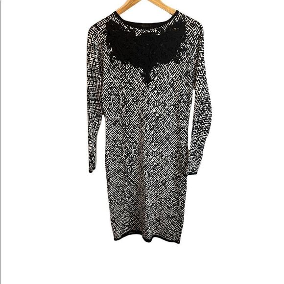 leo guy Dresses & Skirts - LEao GUY Black & White Patterned Sheer Lace Panel Back Fitted Sweater Dress 3